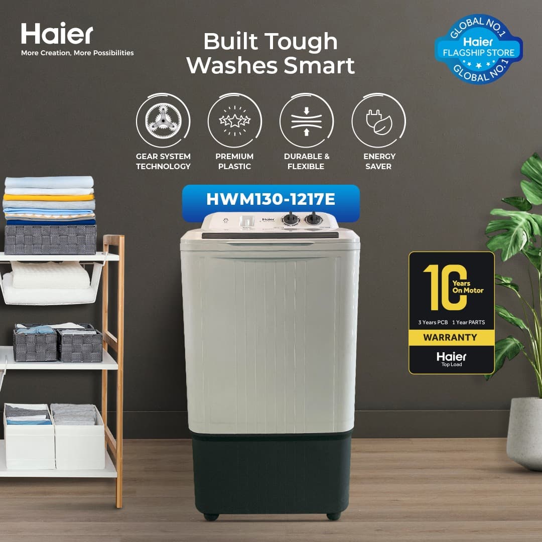 Haier -13kg Washing Machine / Single Tub Washer / Semi Automatic / HWM 130-1217E ( Virgin Plastic / Compact Design / Wide Voltage Range ) 10 Years Warranty