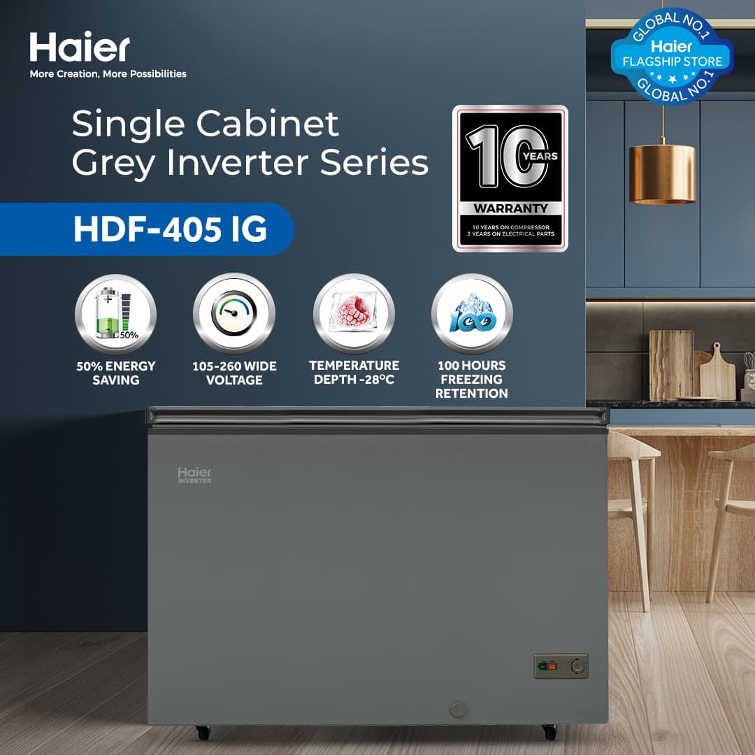 Haier 14.31 Cu Ft / Inverter / Single Door Series / HDF-405 IG ( Inverter + Balanced Cooling + Super Freeze Function + Single Cabinet ) Deep Freezer / 10 Years Warranty