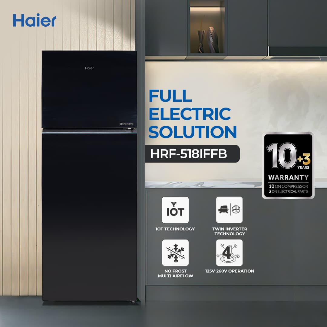 Haier 18 Cu Ft - Digital Inverter - HRF-518IFFB ( No Frost + Double Magic Zone + IOT + Glass Door) Black Colour Refrigerator / 10 Years Warranty
