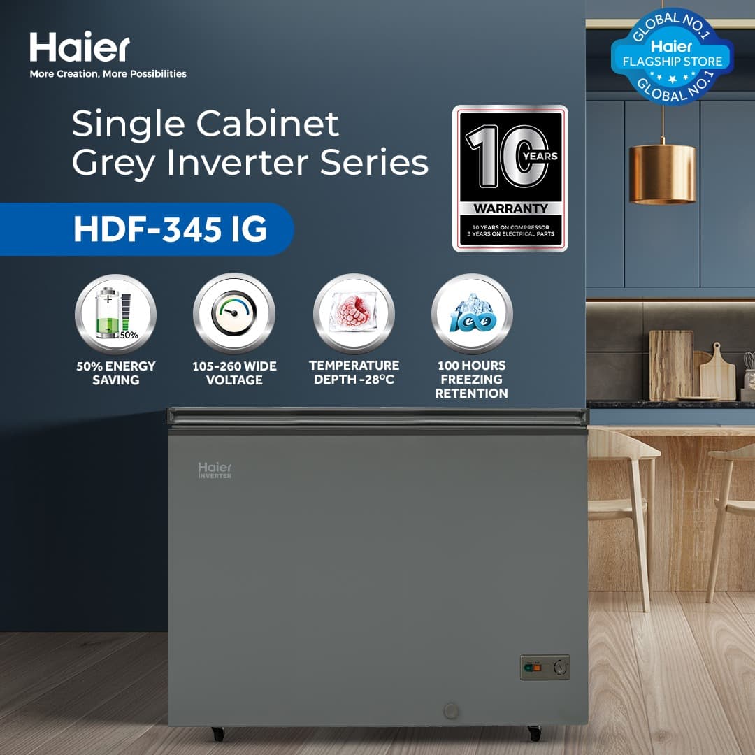 Haier 12.9 Cu Ft - HDF-345 IG - Inverter - Single Door Series - ( Inverter + Balanced Cooling + Super Freeze Function + Ref & DF Adjustable ) Grey Colour Deep Freezer- 10 Years Brand Warranty