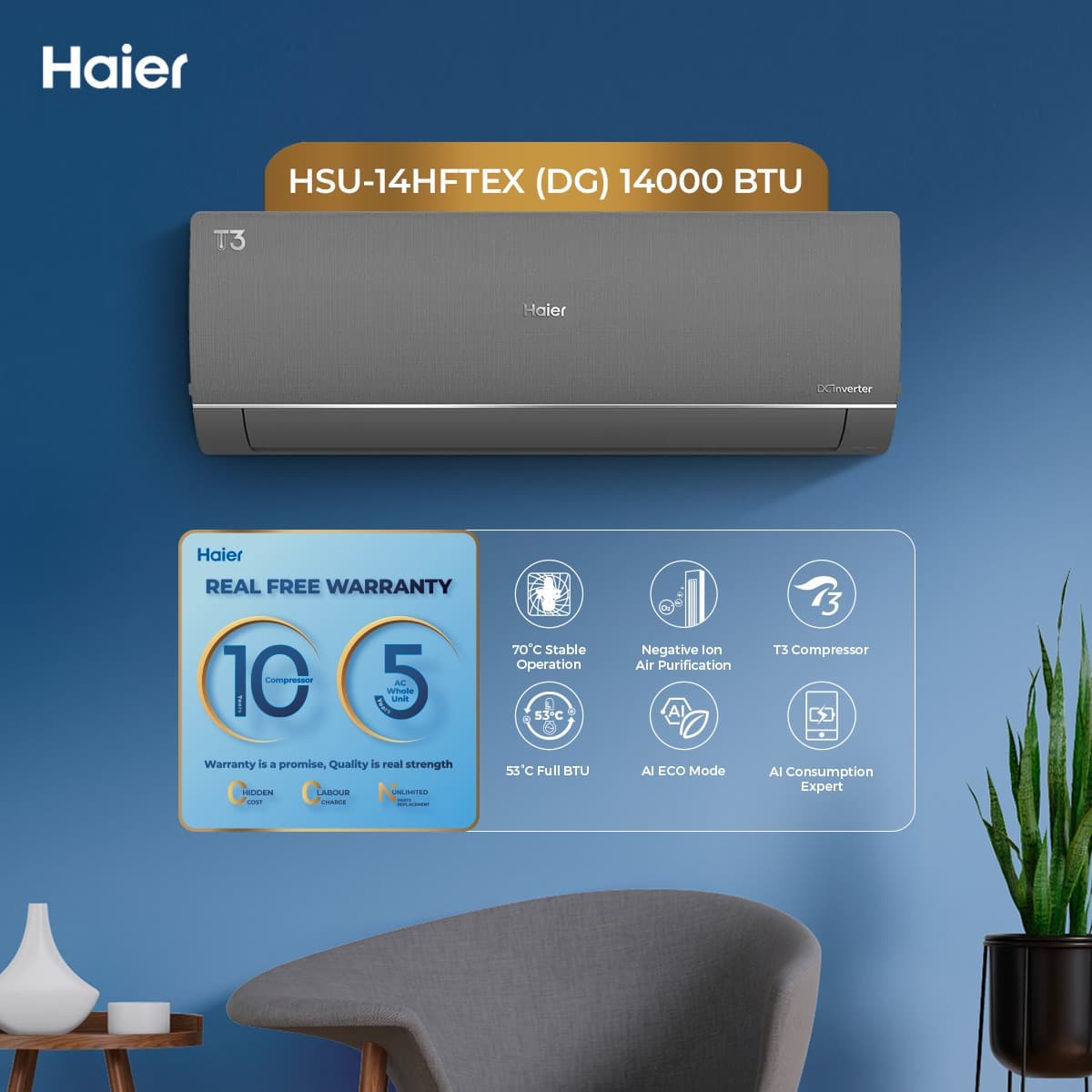 HSU - 14HFTEX(DG) -1 Ton T3 Plus DC Inverter (14000 BTU)