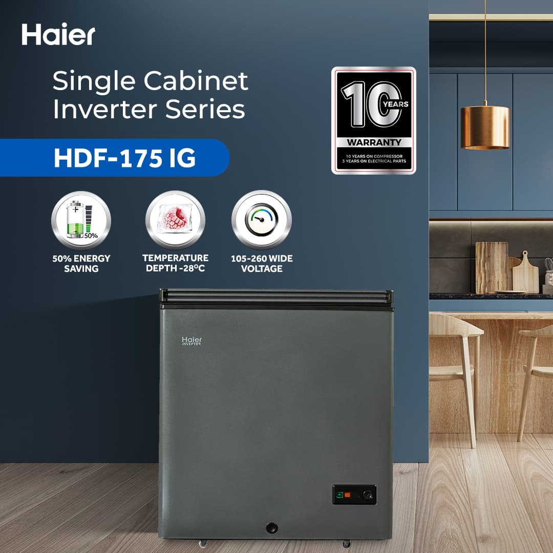 Haier 6.19 Cu Ft / Inverter / Single Door Series / HDF-175 IG ( Inverter + Balanced Cooling + Super Freeze Function ) Deep Freezer / 10 Years Warranty
