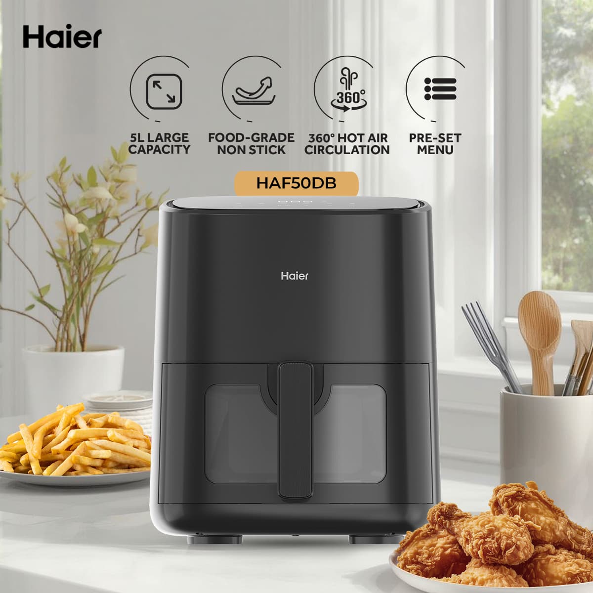 Haier Black 5L Air Fryer - HAF50DB - One Year Unit Replacement Warranty
