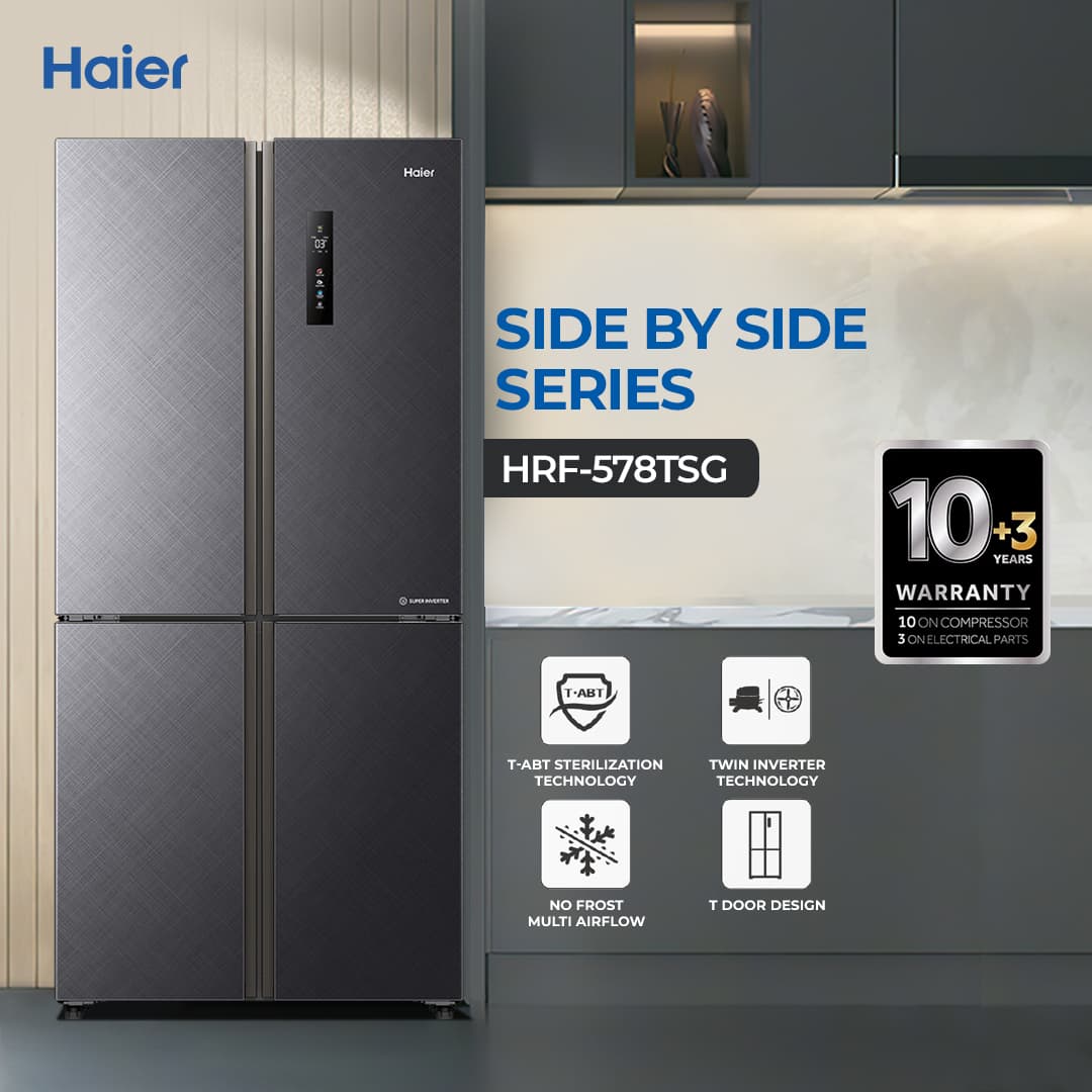 Haier 20.5 Cu Ft / Inverter Antibacterial / HRF-578TSG ( IOT Technology + HCS + No Frost + Glass Door) Black Colour Refrigerator / 10 Years Warranty