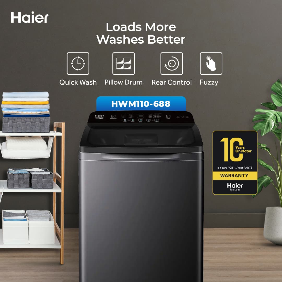 HWM110-688 / Haier -10kg / Fully Automatic / Top Loading Washing Machine / 10 Years Brand Warranty.
