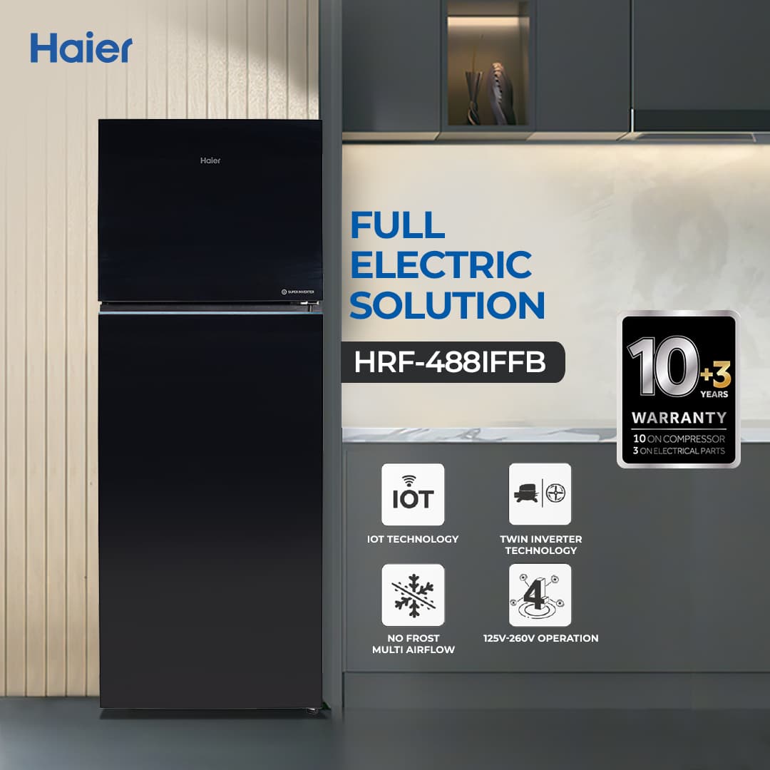 Haier 17 Cu Ft - Digital Inverter - HRF-488IFFB ( No Frost + Double Magic Zone + IOT + Glass Door) Black Colour Refrigerator / 10 Years Warranty