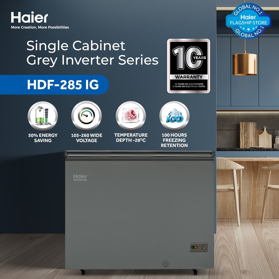 Haier 10.06 Cu Ft / Inverter / Single Door Series / HDF-285 IG ( Inverter + Balanced Cooling + Super Freeze Function + Single Cabinet ) Deep Freezer / 10 Years Warranty
