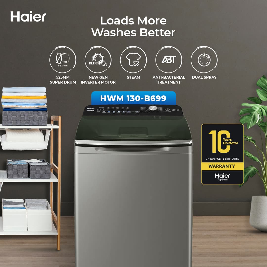 Haier HWM130-B699 /  Haier 13kg / Fully Automatic / Top Loading Washing Machine /  10 Years Brand Warranty