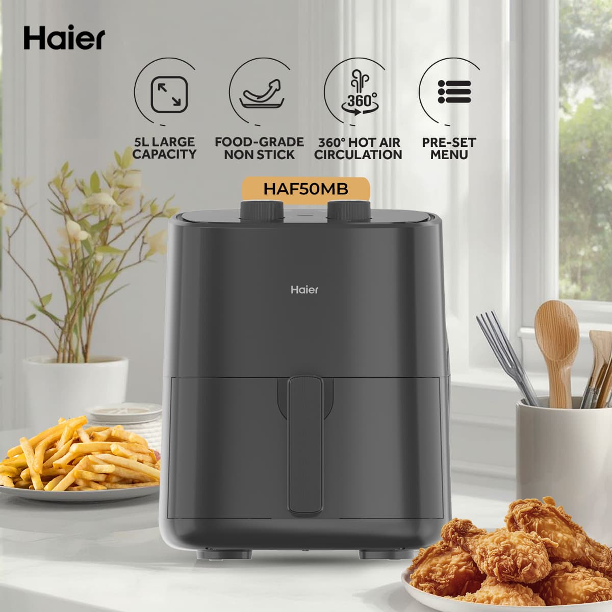 Haier Black 5L Air Fryer - HAF50MB - One Year Unit Replacement Warranty