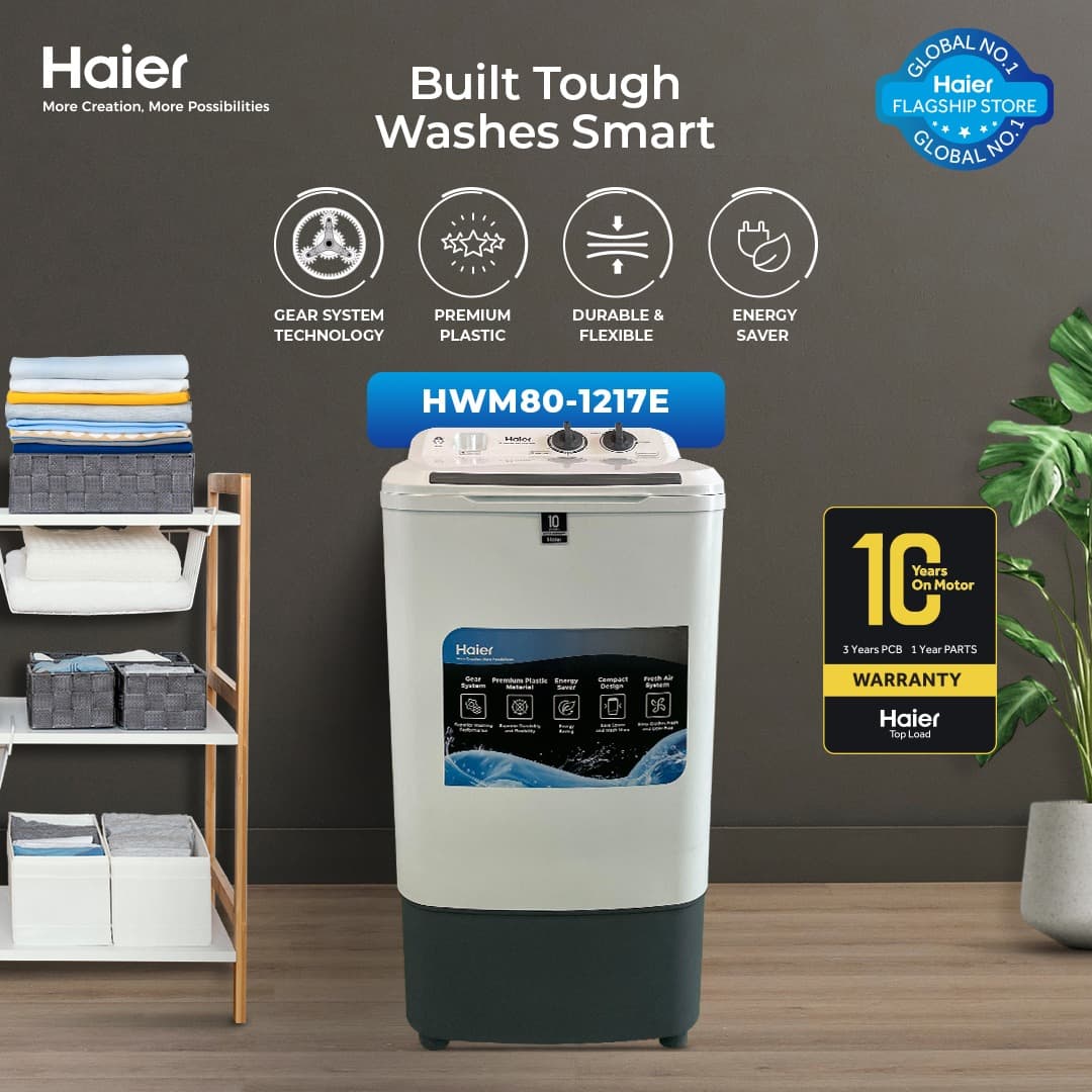 Haier -8kg Washing Machine / Single Tub Washer / Semi Automatic / HWM 80-1217E ( Virgin Plastic + Compact Design + Wide Voltage Range) 10 Years Warranty